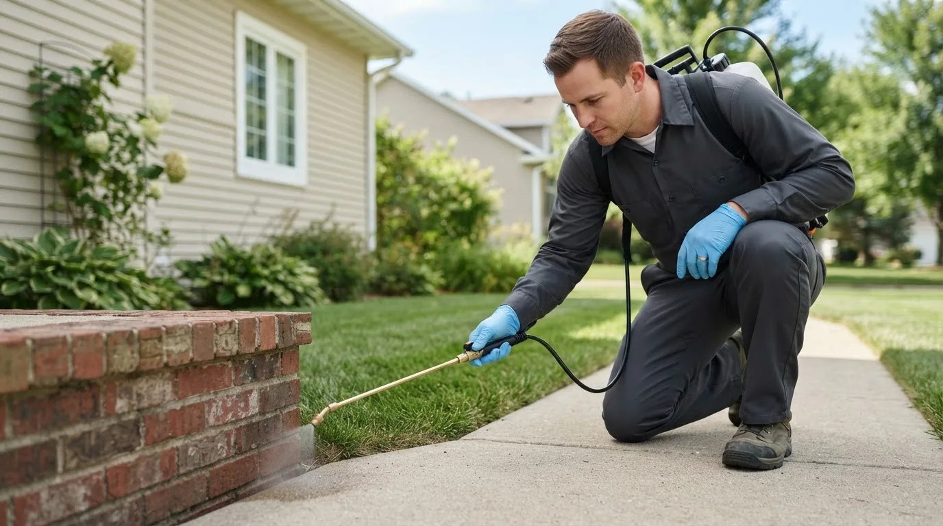Pest control technician treating a home near Wauseon, OH